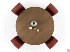 A top shot of Chester round fixed table in Canaletto walnut painted ashwood  