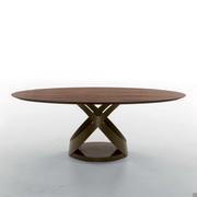 Oval table with canaletto walnut top, stone bronze lacquered metal frame and polished Emperador bronze marble base