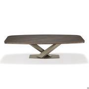 Stratos dining table with crossed metal plinth and lower rounded profile