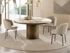 Elegant living room table with central Hidalgo base, in the round ceramic version with rounded wooden sub-top