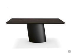 Clifford table with inclined central base. Rectangular top in wood veneer (Dark Coffee Painted Ashwood finish). Metal base in the Black finish.