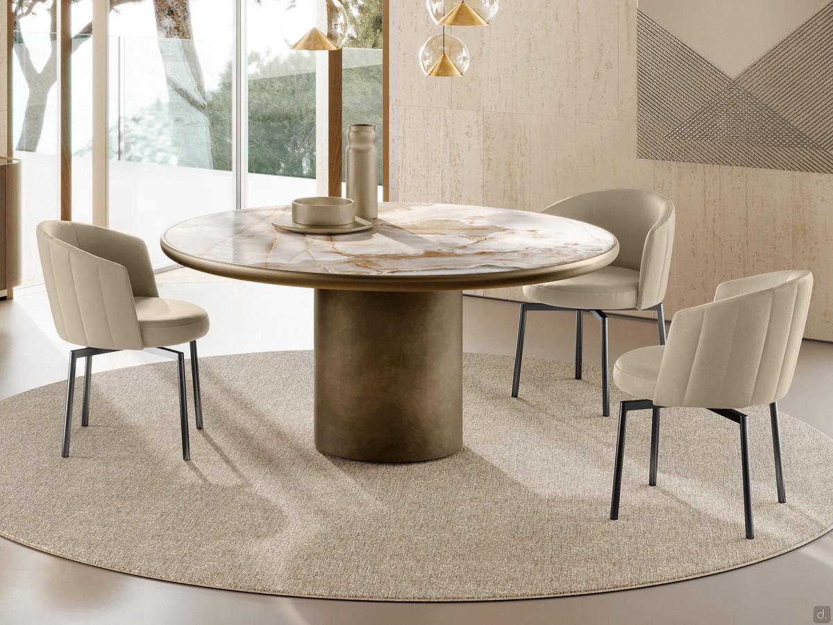 Elegant living room table with central Hidalgo base, in the round ceramic version with rounded wooden sub-top