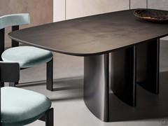 Detail of Bonaldo's Louver table in the version with solid brushed charcoal oak wood top and black painted metal base