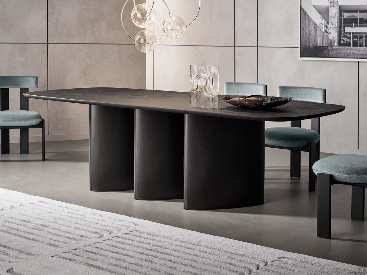 Dining table with triple base Louver by Bonaldo, here with solid brushed oak charcoal top