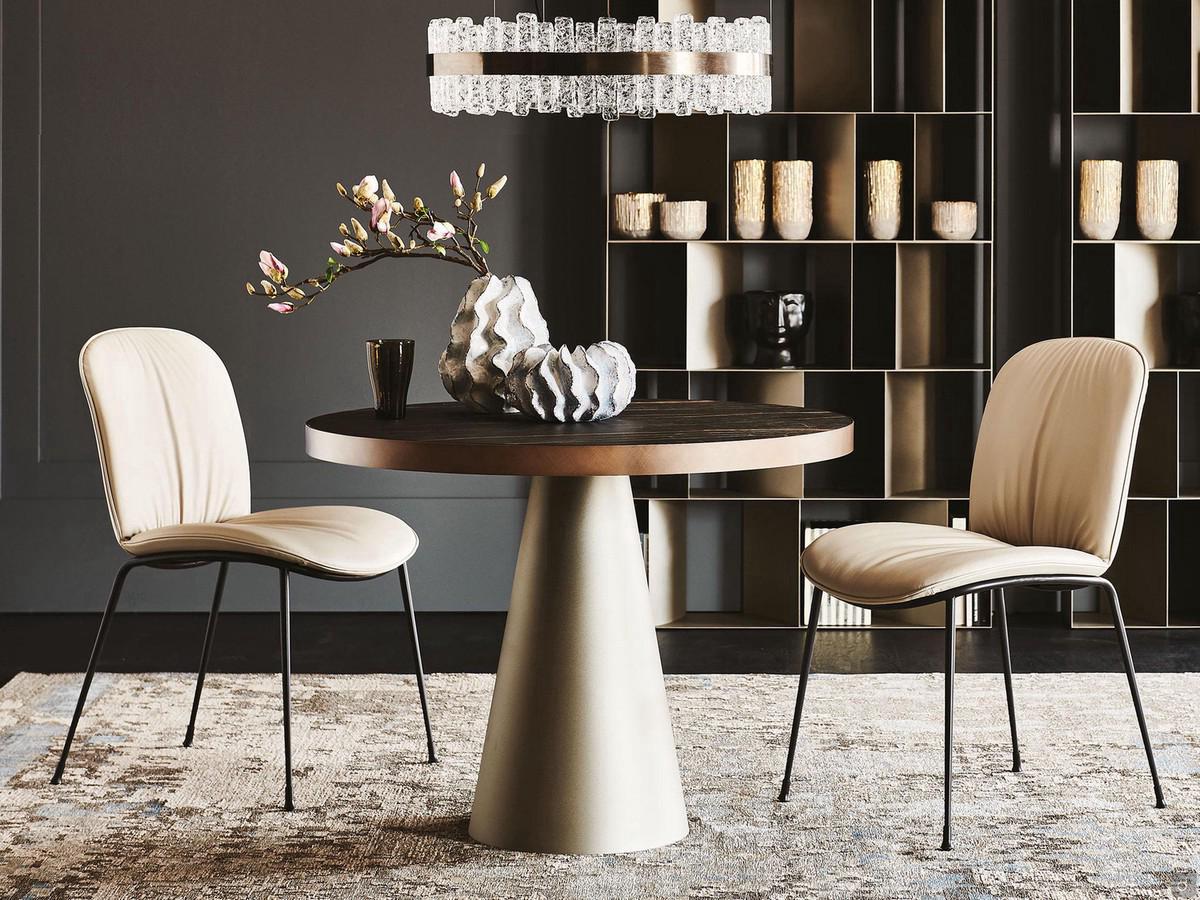 Saturno bistro table with cone base by Cattelan, with matt Keramik stone top and metal lacquered edge