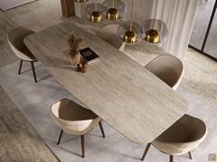 Skorpio rectangular barrel table with top in Keramik KM21 Colosseo, a finish that echoes the veining and colours of travertine marble