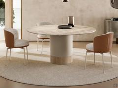 Hidalgo round table, with ivory painted metal base and matt Travertino marble top (matching the lower part of the base)