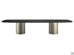 Hidalgo table with wooden top in the XL shaped version, with double base and two tops joined by a central black chrome-plated metal joint