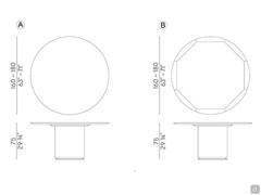 Table dimensional diagram Otab: A) round with marble top B) round with ash wood top with solid edges