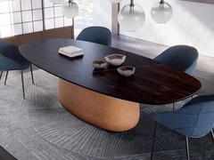 Barrel-shaped Botero table with 'Y' version wood top, with inserts of solid Canaletto Walnut dividing the top into three sections