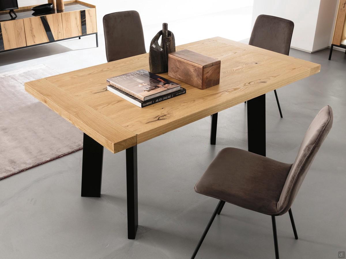Montevideo industrial wood and iron table, available extendable as shown here or fixed veneered or solid wood with straight, irregular, sloping or shaped edge