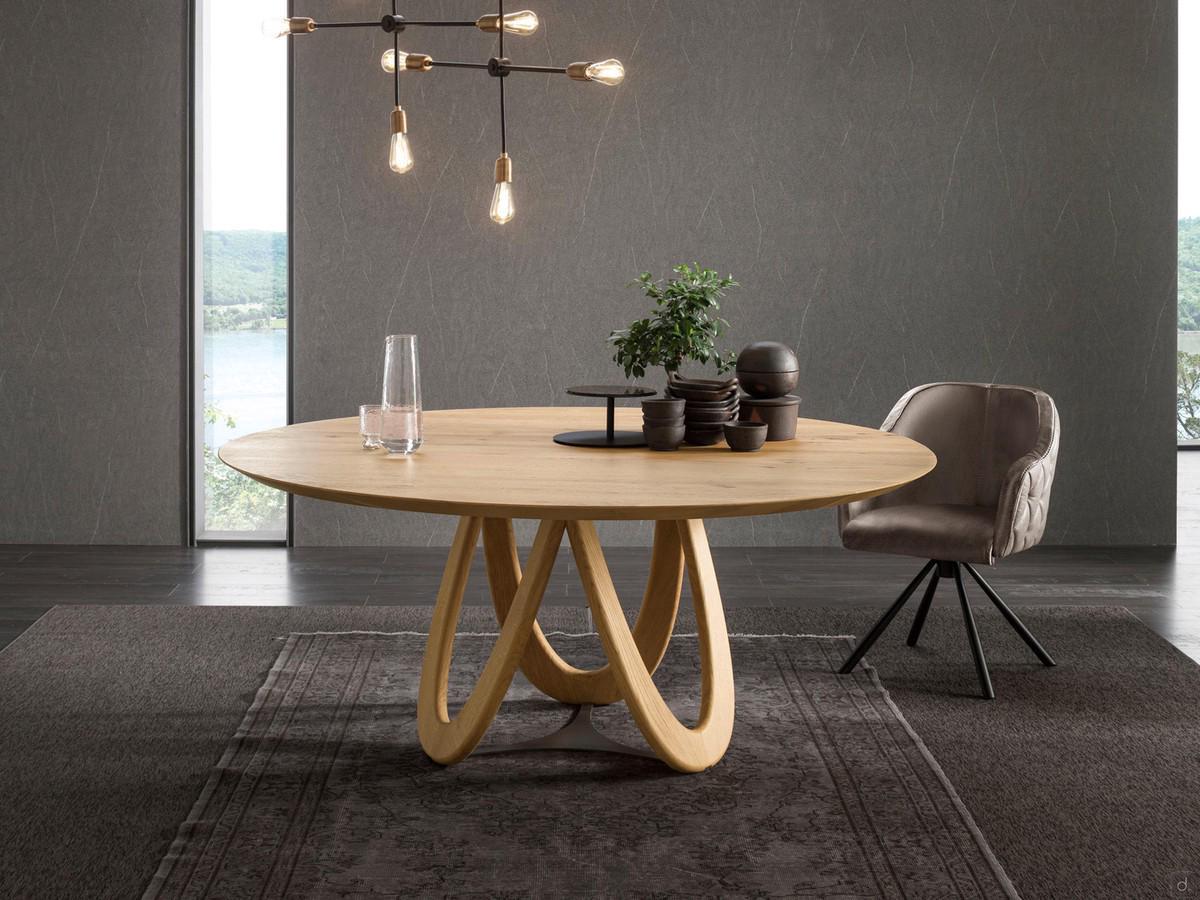 Cali solid wood round table - shaped solid oak top and base in Alaska finish