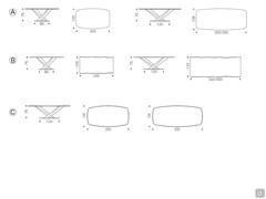Models and dimensions of Cattelan's Stratos table with wooden top - A) bevelled edges B) irregular edges C) Masterwood with slanted edges
