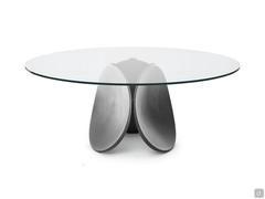 White view of the Maxim table with glass top and oxygrey painted resin base