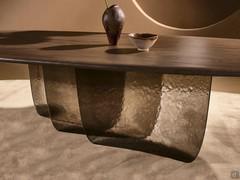 Smoked fired glass base, in three separate panes mounted with partial overlapping