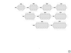 Table with glass base, wood or lacquered oak top - Table seats scheme