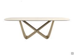 Barrel-shaped Board table with white travertine-effect stoneware top and matt gold finish base