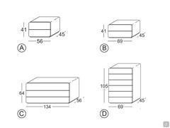 Minimal wooden bedroom set Icarus - A/B) nightstand 2 drawers 56 and 69 cm, C) dresser 3 drawers, D) high chest 6 drawers
