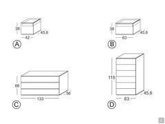 FortyFive minimalist wooden bedroom set - A/B) high bedside table with inside drawer 42 and 63 cm, C) dresser, D) high chest