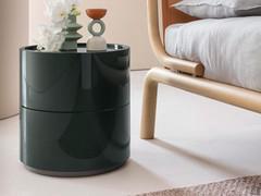 Chariot round bedside table for bedroom all gloss forest green lacquered with moka shine painted plinth
