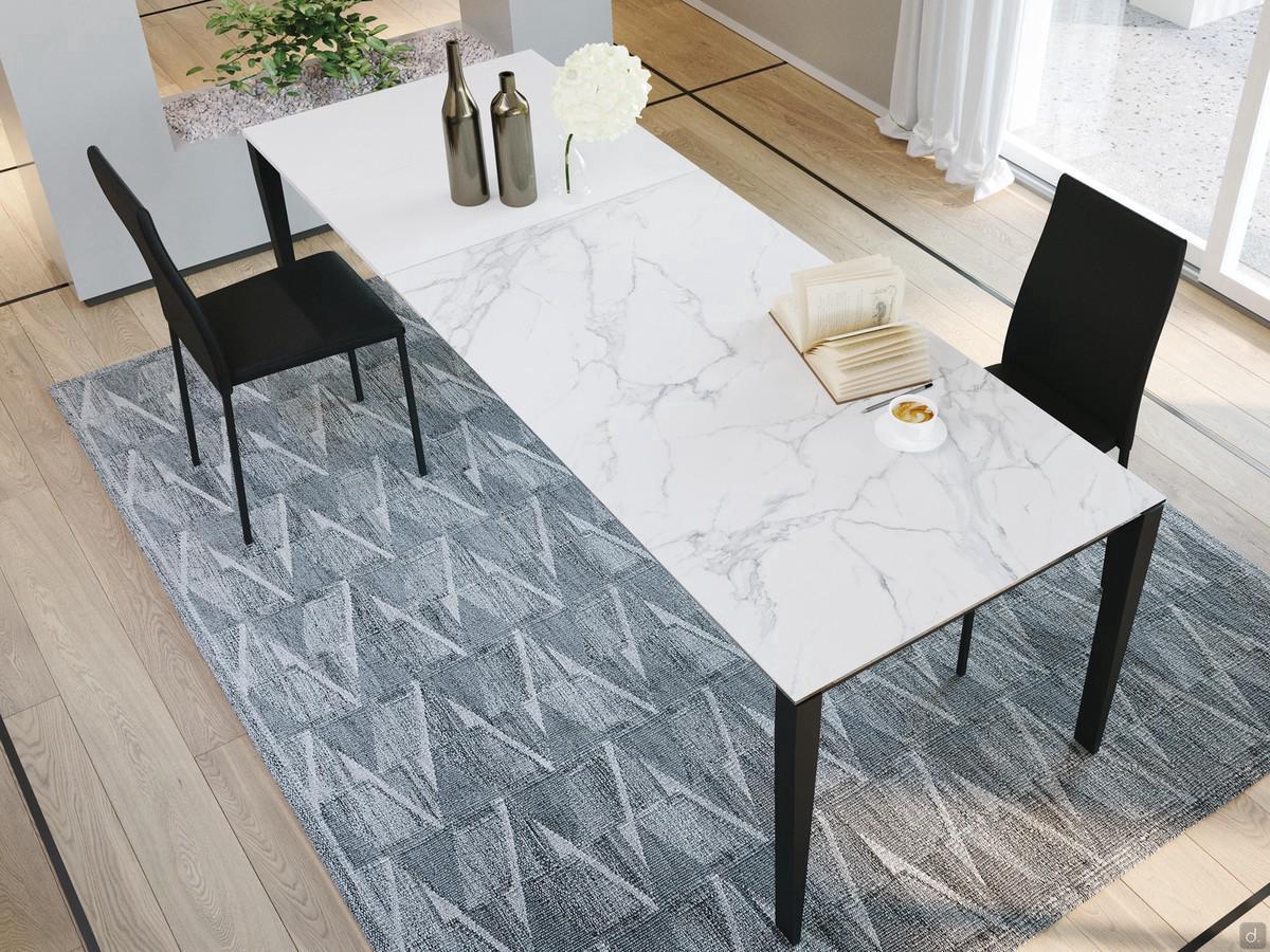 Extendable Diogo ceramic kitchen table, can also be used in the living room as a dining table - matt white calacatta ceramic glass top and black painted metal base