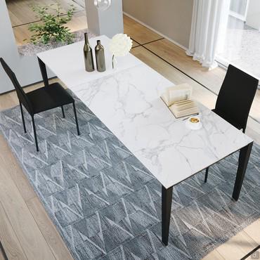 Extendable Diogo ceramic kitchen table, can also be used in the living room as a dining table - matt white calacatta ceramic glass top and black painted metal base