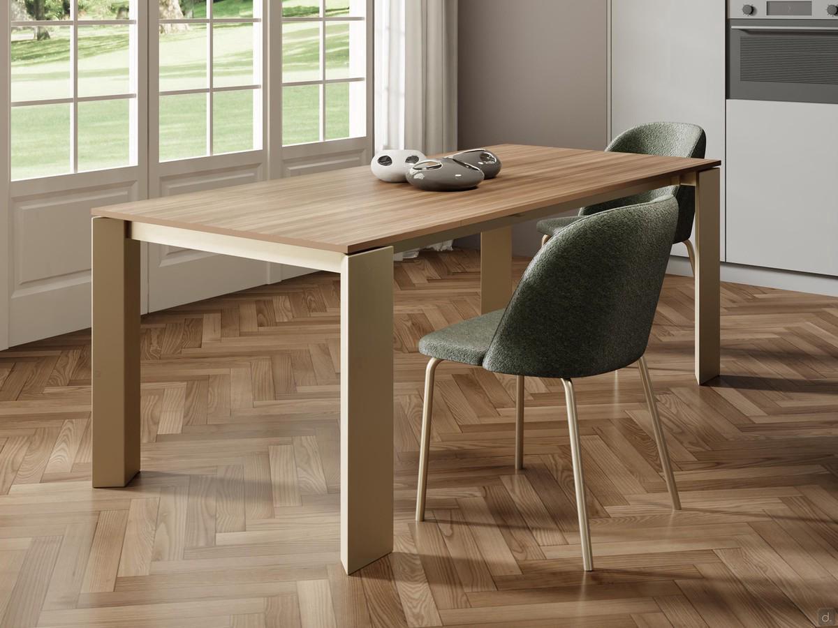 Rog table with champagne varnished metal base, top and extensions in S154 samblé walnut laminated veneer