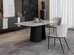 Miles table with central black painted metal base and polished white calacatta ceramic top