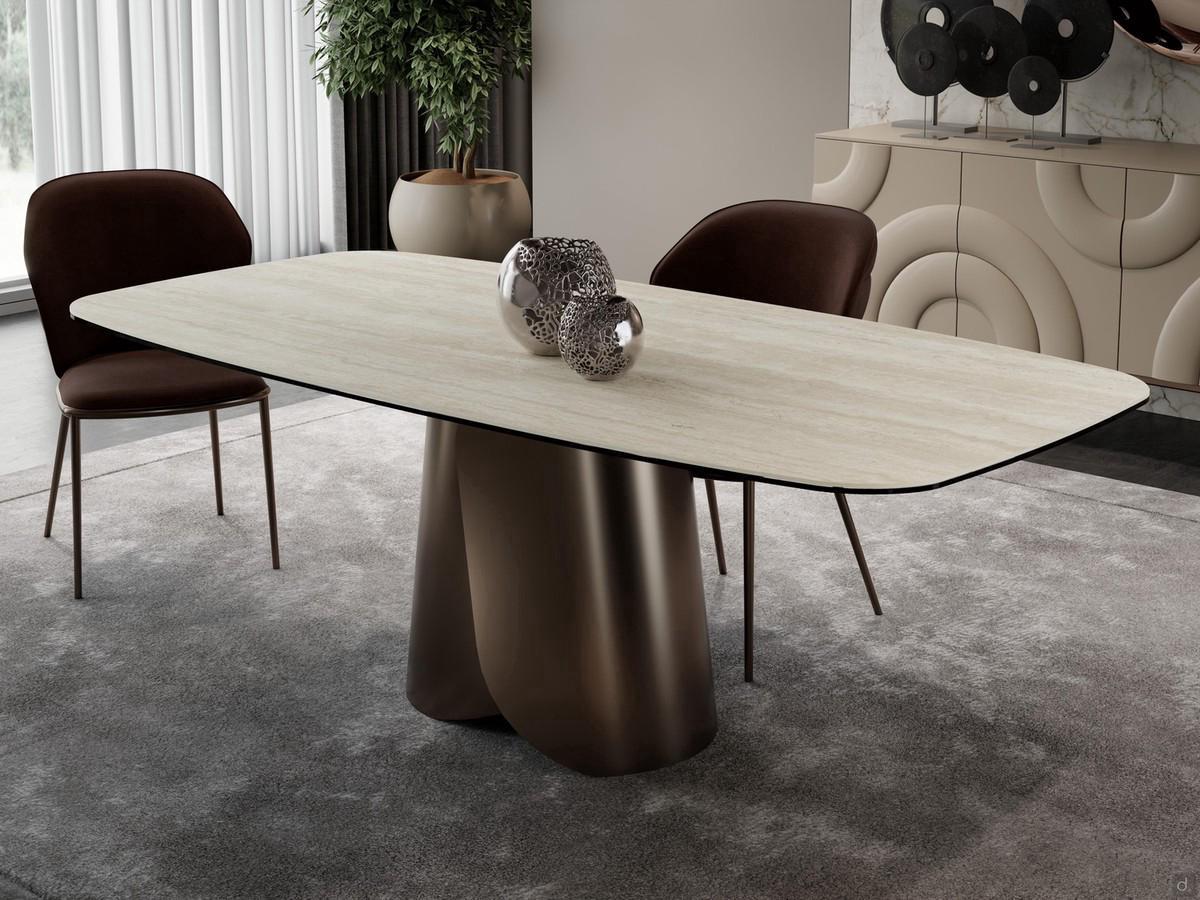Miles table with central rolled metal base, in the barrel-shaped version in matt travertine ceramic