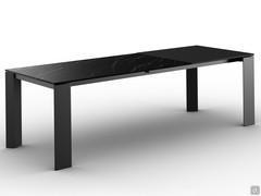 Extendable Rog table in glossy glass ceramic noir desire with extensions in anthracite laminated veneer. Titanium painted metal legs