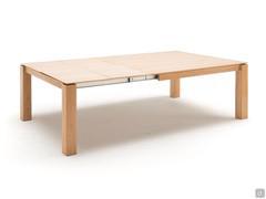 Acapulco square extending wooden table, shown here in Alaska Oak version, with both extensions extended