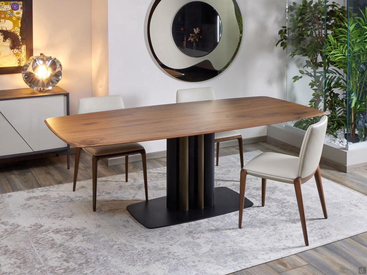 Bahia table with central steel tube base in the two-tone version with small rods painted brass and large rods and base plate painted black