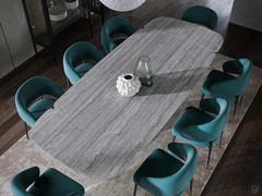 Top view of the porcelain stoneware top of the Dionis table, shown here in the travertine silver variant