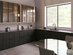 Kitchenette and sink with display cabinets