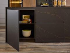 Matte black kitchen island with golden veins