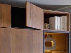 Detail of above-column wall units in Cognac Oak