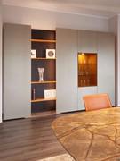 Ample storage space between hinged storage units, open shelves and glass showcase. Contrasting back panels with structure and fronts. LED milled lighting on open compartment and with spotlight for display case