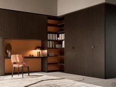 Wide open corner wardrobe, used as a central element between bridge element and hinged wardrobe. Fashion wood charcoal with coccio lacquered backs