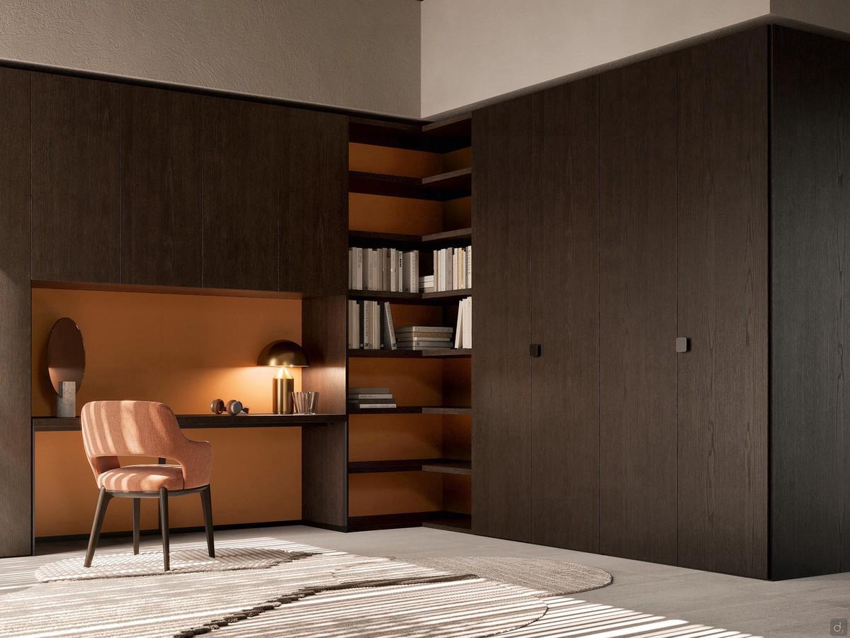 Wide open corner wardrobe, used as a central element between bridge element and hinged wardrobe. Fashion wood charcoal with coccio lacquered backs
