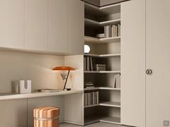 Composition with sand matt lacquered open corner wardrobe to match the hinged elements and the bridge element