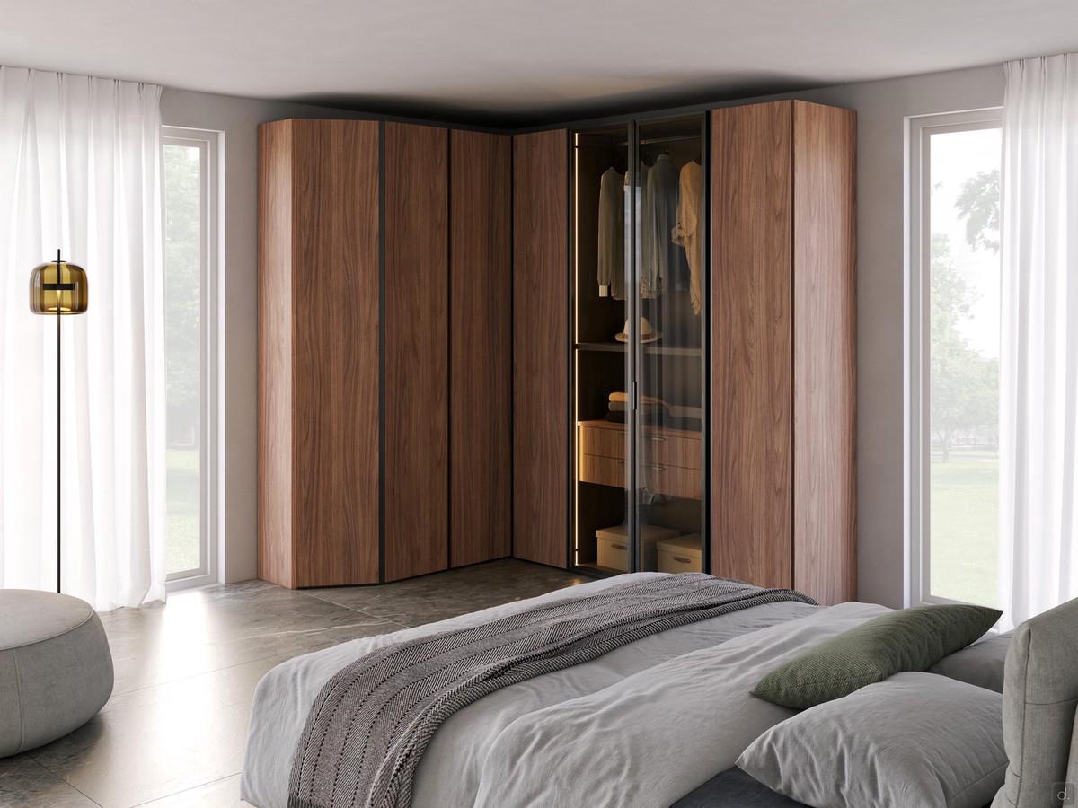 Wide hinged end piece in natural walnut melamine combined with module with bronze glass doors