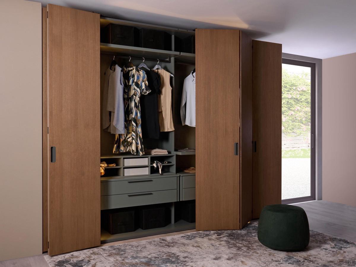 Wooden wardrobe with folding doors Driver Wide, here proposed with lacquered interior in Origano finish