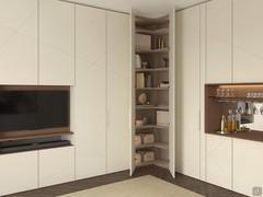 Lounge corner hinged element with change of depth - matt lacquered Linen with Shanghai finish and Glass handle