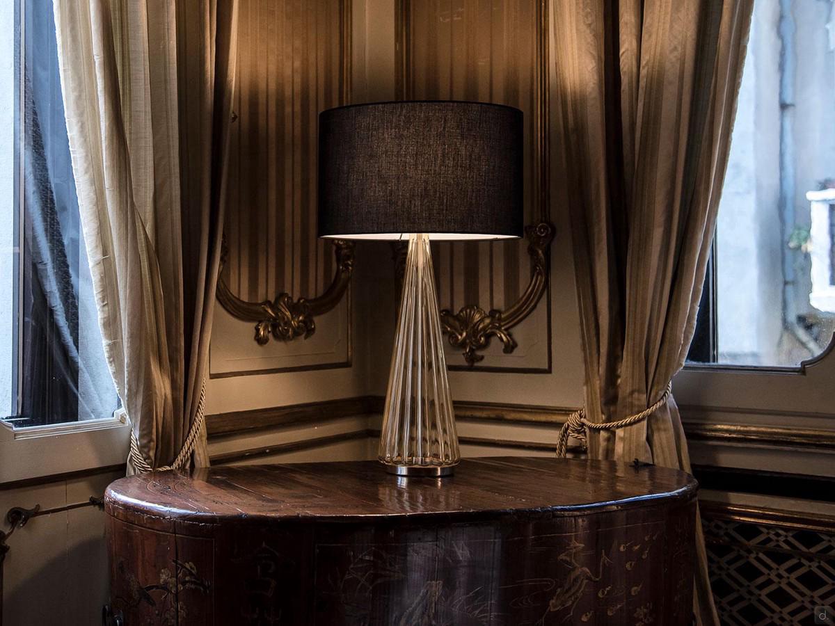 Table lamp Bluebell with ribbed blown glass base and fabric shade