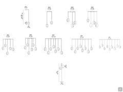 Diagrams and dimensions of the Guadalupe lamp, in the 9 pendant and floor-standing models