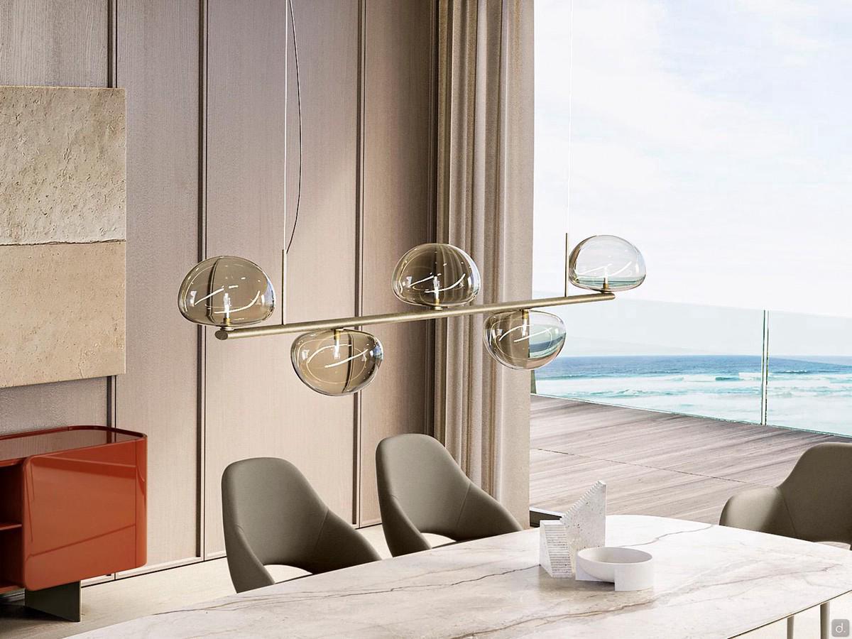Tortuga five-light pendant lamp with tubular metal frame painted brushed gold, also available in a titanium version