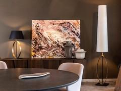 Band lamp in the 2 metre high floor version, with large white or black fabric shade and the characteristic gold or chrome-plated metal ring
