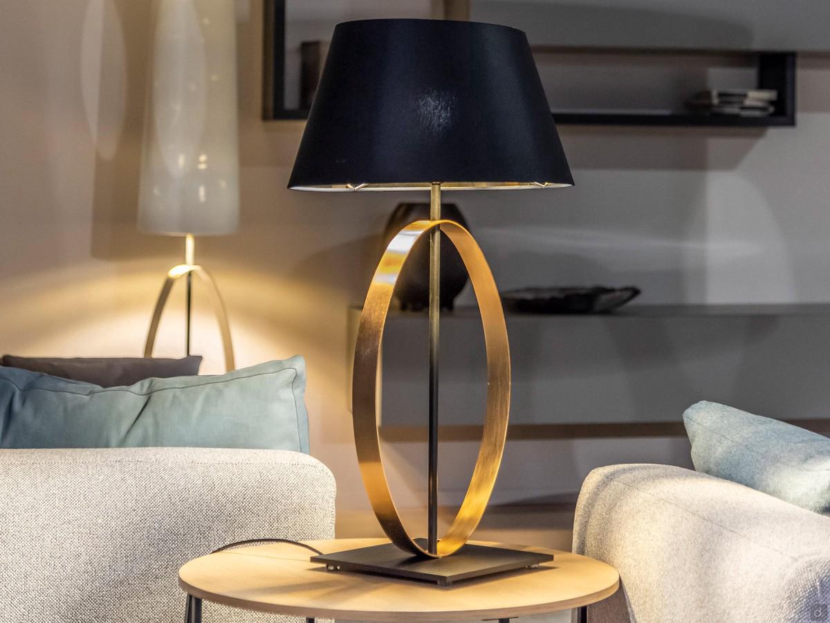 Bedside lamp with gold Band ring, with black fabric shade and black metal details
