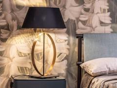 Band bedside lamp with gold-painted or chrome-plated metal ring base and white or black fabric shade