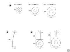 Models and dimensions of the Antigua lamp: A) ceiling/wall versions B) floor version C) pendant versions